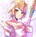  1girl blonde_hair blue_eyes bride closed_mouth crown earrings feather_trim fire_emblem fire_emblem_heroes fjorm_(fire_emblem_heroes) flower hair_flower hair_ornament holding holding_staff jewelry m1n0f2e1 short_hair smile solo staff strapless twitter_username upper_body veil 
