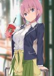  1girl blue_eyes blue_jacket breasts cardigan_around_waist collared_shirt cowboy_shot cup disposable_cup eyebrows_visible_through_hair go-toubun_no_hanayome green_skirt hair_between_eyes holding holding_cup jacket kanikou large_breasts long_sleeves looking_at_viewer nakano_ichika pink_hair pleated_skirt school_uniform shirt short_hair skirt smile solo starbucks white_shirt 