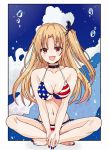  1girl alternate_breast_size american_flag_bikini azur_lane barefoot bikini black_choker blonde_hair blue_sky breasts choker cleavage cleveland_(azur_lane) cloud commentary_request day fang flag_print front-tie_top gb2ywjba2kp1o69 highres indian_style looking_at_viewer medium_breasts nail_polish one_side_up open_mouth ponytail red_eyes side-tie_bikini side_ponytail sitting sky smile solo swimsuit water waves 