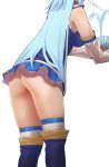  1girl aqua_(konosuba) ass blue_hair breasts detached_sleeves fan from_side highres kamegawara_nikuo kono_subarashii_sekai_ni_shukufuku_wo! leaning_forward long_hair musical_note no_panties skirt sleeveless solo text_focus translation_request upskirt water 