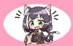  1girl :d animal animal_ear_fluff animal_ears bangs bare_shoulders black_hair blue_sleeves blush cat cat_ears cat_girl cat_tail chibi commentary_request detached_sleeves eyebrows_visible_through_hair fang full_body green_eyes highres jako_(jakoo21) kyaru_(princess_connect) long_hair long_sleeves low_twintails multicolored_hair open_mouth pink_background princess_connect! princess_connect!_re:dive purple_skirt ringlets shirt skirt sleeveless sleeveless_shirt sleeves_past_wrists smile solo squatting streaked_hair tail twintails two-tone_background v-shaped_eyebrows very_long_hair white_background white_hair white_shirt wide_sleeves 