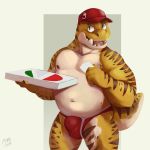  anthro bakemonoy bulge clothing delivery_boy fangs gecko hat headgear headwear hi_res jockstrap lizard male mostly_nude musclegut muscular muscular_male overweight overweight_male pizza_box pizza_delivery reptile scalie smile solo underwear 