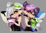  +_+ 2girls aori_(splatoon) bare_shoulders cheek_squash closed_mouth cousins detached_collar domino_mask earrings food food_on_head gloves grey_background grin hair_rings hotaru_(splatoon) ikea_shark isamu-ki_(yuuki) jewelry long_hair looking_at_viewer mask multiple_girls object_on_head orca pointy_ears purple_hair shark short_hair signature silver_hair smile splatoon_(series) splatoon_1 squid strapless stuffed_animal stuffed_shark stuffed_toy suction_cups symbol-shaped_pupils tentacle_hair white_gloves yellow_eyes 