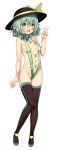  1girl :d bangs bare_arms bare_shoulders black_footwear black_headwear blush boots bow breasts collarbone commentary_request ebi_193 eyebrows_visible_through_hair full_body green_bow green_eyes green_hair green_swimsuit groin hair_between_eyes hand_up hat hat_bow komeiji_koishi looking_at_viewer navel open_mouth short_hair simple_background slingshot_swimsuit small_breasts smile solo standing stomach swimsuit thigh_boots thighhighs thighs touhou v white_background yellow_bow 