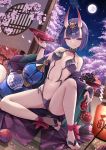 1girl bangs bare_shoulders barefoot_sandals blush bob_cut breasts cherry_blossoms closed_mouth collarbone cup eyeliner fate/grand_order fate_(series) feet full_moon gourd headpiece highres horns japanese_clothes kimono lantern legs licking_lips looking_at_viewer makeup migimaki_(migi_mawashi) moon navel oni oni_horns open_clothes open_kimono petals purple_eyes purple_hair purple_kimono revealing_clothes sakazuki short_eyebrows short_hair shuten_douji_(fate/grand_order) small_breasts smile solo tongue tongue_out 