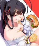  1girl antenna_hair armor bangs between_breasts black_hair breasts cup eating food food_on_face french_fries full_mouth hair_ornament hair_rings hamburger hawe_king holding holding_food japanese_armor large_breasts long_hair long_sleeves looking_at_viewer nail_polish off-shoulder_shirt off_shoulder original ponytail red_nails shirt shoulder_armor sidelocks sitting sode solo white_shirt 