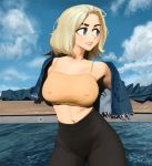  1girl bare_shoulders black_pants blonde_hair blue_eyes blue_sky breasts cloud covered_nipples cowboy_shot crop_top cropped_jacket day eyebrows highres jacket large_breasts long_sleeves looking_to_the_side medium_hair midriff off_shoulder open_clothes original pants sky smile solo thick_eyebrows yoga_pants zillionaire 