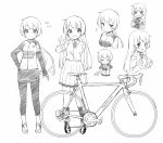  &gt;_&lt; 1girl :d apron bangs bicycle blush breasts chibi closed_eyes closed_mouth collared_shirt elbow_gloves eyebrows_visible_through_hair fingerless_gloves gloves greyscale ground_vehicle hands_on_own_face hands_up jacket leggings long_hair low_ponytail monochrome multiple_views neck_ribbon open_clothes open_jacket open_mouth original pigeon-toed pleated_skirt ponytail ribbon school_uniform sekira_ame shirt short_sleeves simple_background skirt small_breasts smile sparkle standing very_long_hair white_background xd 