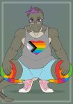  2019 alligator alligatorid andrew_(deminothedragon) anthro belly clothed clothing crocodilian crouching digital_media_(artwork) eyewear footwear glasses hair hi_res humanoid_hands legwear looking_at_viewer male overweight overweight_male rainbow reishuseyu reptile scalie shirt shoes simple_background slightly_chubby smile solo stockings tank_top topwear 