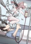  1boy 1girl absurdres bb_shot! braid breasts cleavage commentary debris fate/grand_order fate_(series) florence_nightingale_(fate/grand_order) fujimaru_ritsuka_(male) hat hidden_eyes highres holding holding_hat intravenous_drip large_breasts nakasaku-p nurse nurse_cap pantyhose pink_eyes pink_hair through_wall under_covers 