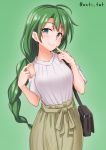  1girl alternate_costume anti_(untea9) bag black_bag blue_eyes braid commentary_request cowboy_shot detached_sleeves eyebrows_visible_through_hair finger_to_mouth green_background green_hair green_skirt handbag highres kantai_collection long_hair looking_at_viewer mole mole_under_mouth ribbed_sweater simple_background single_braid skirt smile solo sweater twitter_username very_long_hair white_sweater yuugumo_(kantai_collection) 