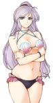  1girl bead_bracelet beads bikini bracelet closed_mouth crossed_arms fire_emblem fire_emblem:_seisen_no_keifu highres ishtar_(fire_emblem) jewelry long_hair navel ponytail purple_eyes purple_hair shell shell_bikini simple_background solo swimsuit tridisart white_background 