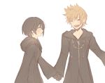 1boy 1girl black_clothes black_coat black_coat_(kingdom_hearts) black_gloves black_hair blonde_hair closed_eyes gloves highres holding_hands hood hood_down kingdom_hearts kingdom_hearts_358/2_days light_blush looking_at_another printemps roxas short_hair simple_background sketch spiked_hair upper_body white_background xion_(kingdom_hearts) 