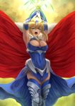  1girl aqua_eyes armor armpits arms_up artoria_pendragon_(all) artoria_pendragon_(lancer) blonde_hair blue_gloves blue_legwear breasts cape cleavage covered_navel crown dress eyebrows_visible_through_hair fate/grand_order fate_(series) fur_trim gloves greaves hair_between_eyes highres holding_lance large_breasts looking_at_viewer open_mouth rhongomyniad sleeveless solo teeth thighhighs tongue yamaneko_(tkdrumsco) 