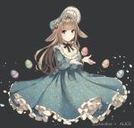  1girl absurdres animal_ears anotherxalice blue_dress bonnet brown_hair bunny_ears copyright_name dress easter egg floral_print food_themed_hair_ornament full_body grey_background hair_ornament highres long_hair looking_at_viewer nyasunyadoora official_art simple_background solo strawberry_hair_ornament very_long_hair 
