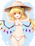  1girl :d arms_up bangs bare_arms bare_shoulders bikini blonde_hair blue_background blush breasts brown_headwear collarbone commentary_request cowboy_shot crystal eyebrows_visible_through_hair fang flandre_scarlet groin hair_between_eyes halterneck hands_on_headwear long_hair looking_at_viewer m9kndi navel one_side_up open_mouth red_eyes side-tie_bikini skin_fang small_breasts smile solo standing stomach swimsuit thighs touhou white_bikini wings 