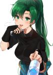  1girl black_shirt blush bottle earrings english_commentary fingerless_gloves fire_emblem gloves green_eyes green_hair hair_between_eyes highres jewelry long_hair lyndis_(fire_emblem) ormille painterly ponytail shirt sweat water_bottle white_background wiping_mouth 