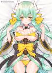  1girl aqua_hair ass_visible_through_thighs bare_shoulders bed bed_sheet bikini bikini_pull blush bow breasts breasts_apart closed_mouth commentary detached_collar fate/grand_order fate_(series) green_hair hair_between_eyes hair_bow horns kiyohime_(fate/grand_order) kiyohime_(swimsuit_lancer)_(fate) large_breasts long_hair looking_at_viewer lying obi on_back sash smile solo suzuho_hotaru swimsuit thigh_gap thighs twitter_username underboob very_long_hair yellow_bikini yellow_bow yellow_eyes 