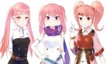  3girls absurdres arms_behind_back belt breastplate brown_eyes closed_mouth elbow_gloves fire_emblem fire_emblem:_fuukasetsugetsu fire_emblem:_rekka_no_ken fire_emblem_echoes:_mou_hitori_no_eiyuuou gloves hand_on_hip headband highres hilda_(fire_emblem:_fuukasetsugetsu) long_hair mae_(fire_emblem) multiple_girls pink_eyes pink_hair pppepetps purple_eyes serra short_sleeves simple_background smile twintails upper_body white_background white_gloves 