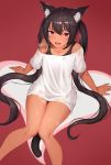  1girl animal_ear_fluff animal_ears bare_shoulders blush breasts collarbone commentary dark_skin fangs feet_out_of_frame hair_between_eyes heart heart-shaped_pupils highres long_hair looking_at_viewer mathew_(srmmk_mce) no_pants open_mouth original red_background red_eyes shirt sitting small_breasts smile solo symbol-shaped_pupils symbol_commentary tail thighs very_long_hair white_shirt 