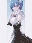  1girl bangs blue_eyes blue_hair blush breasts closed_mouth commentary_request detached_sleeves dress grey_background hair_ornament hair_over_one_eye maid maid_headdress medium_breasts re:zero_kara_hajimeru_isekai_seikatsu rem_(re:zero) short_hair simple_background smile standing wanke x_hair_ornament 