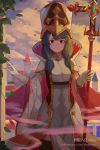  1girl aqua_hair black_legwear building cloud commentary dragalia_lost english_commentary gloves hentaki highres hildegarde_(dragalia_lost) leaf light_smile looking_at_viewer petals purple_eyes short_sleeves solo sparkle staff thighhighs thighs uniform white_gloves 