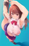  armpits bangs black_legwear bow bowtie breasts brown_hair eyebrows_visible_through_hair highres loafers long_hair looking_at_viewer original purple_eyes school_uniform shadow shoes skirt smile split standing standing_on_one_leg standing_split sweat thighhighs thomasz 