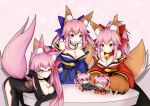  3girls :3 absurdres animal_ear_fluff animal_ears bare_shoulders bell bell_collar blue_kimono blue_ribbon bow breasts cat_paws cellphone chibi cleavage collar collarbone detached_sleeves eyebrows_visible_through_hair fate/extra fate/grand_order fate_(series) fox_ears fox_girl fox_tail glasses gloves hair_bow highres japanese_clothes jingle_bell kimono large_breasts long_hair multiple_girls multiple_persona multiple_tails nepsuka_(hachisuka) open_mouth parody paw_gloves paws phone pink_hair pink_ribbon ponytail red_kimono red_ribbon ribbon riyo_(lyomsnpmp)_(style) side_ponytail smartphone style_parody tail tamamo_(assassin)_(fate) tamamo_(fate)_(all) tamamo_cat_(fate) tamamo_no_mae_(fate) yellow_eyes 