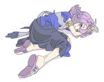  1girl acerola_(pokemon) armlet closed_mouth dress elite_four flipped_hair full_body gengoru hair_ornament lying multicolored multicolored_clothes multicolored_dress pokemon pokemon_(game) pokemon_sm purple_eyes purple_hair sandals short_hair simple_background solo stitches trial_captain white_background 