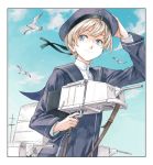  1girl bird blue_eyes blue_sky clothes_writing dress from_below hat hiro_(chumo) holding_turret kantai_collection looking_to_the_side machinery sailor_collar sailor_dress sailor_hat short_hair silver_hair sky smile solo upper_body z1_leberecht_maass_(kantai_collection) 