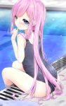  1girl :q ass bangs bare_arms bare_shoulders black_swimsuit blue_eyes blush closed_mouth commentary_request day eyebrows_visible_through_hair finger_to_mouth hair_between_eyes highres kouda_suzu leaning_forward long_hair looking_at_viewer looking_back one-piece_swimsuit original outdoors pink_hair pool shushing sitting smile solo swimsuit tongue tongue_out very_long_hair water wet wet_hair 