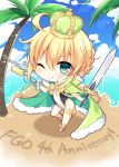 1girl ;) ahoge anniversary artoria_pendragon_(all) artoria_pendragon_(swimsuit_archer) bangs beach blonde_hair blue_sky blush bow braid brown_bow chibi cloak closed_mouth cloud cloudy_sky commentary_request crown day excalibur eyebrows_visible_through_hair fate/grand_order fate_(series) fur-trimmed_cloak fur_trim green_cloak green_eyes hair_between_eyes high_heels holding holding_sword holding_water_gun holding_weapon horizon mini_crown ocean one-piece_swimsuit one_eye_closed outdoors palm_tree sand sand_writing shikitani_asuka shoes sidelocks sky smile solo standing standing_on_one_leg star swimsuit sword tree water water_gun weapon white_footwear white_swimsuit 