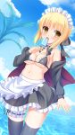  1girl apron artoria_pendragon_(all) artoria_pendragon_(swimsuit_rider_alter) bangs bikini_top black_bikini_top black_bow black_jacket black_legwear black_skirt blonde_hair blue_sky blush bow breasts brown_eyes cloud commentary_request day dutch_angle eyebrows_visible_through_hair fate/grand_order fate_(series) food frilled_apron frilled_bikini_top frilled_skirt frills hair_between_eyes hair_bow highres holding holding_food hood hood_down hooded_jacket horizon jacket leg_garter maid_headdress medium_breasts navel ocean open_clothes open_jacket outdoors palm_tree popsicle sidelocks skirt sky solo thighhighs tree umitonakai waist_apron water white_apron 