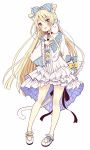  1girl :p animal animal_ear_fluff animal_ears animal_on_shoulder bangs bell bell_choker black_choker blonde_hair blue_bow blue_eyes blush bow bunny bunny_on_shoulder cat_ears cat_girl cat_tail choker closed_mouth diagonal_stripes dress eyebrows_visible_through_hair frilled_sleeves frills full_body hair_between_eyes hair_bow head_tilt highres jingle_bell long_hair long_sleeves original sakura_oriko shoes simple_background smile solo standing striped striped_bow tail tongue tongue_out very_long_hair white_background white_dress white_footwear wide_sleeves yellow_bow 