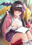  1girl :o black_hair breasts brown_hair commentary_request fate/grand_order fate_(series) floral_print frilled_shirt frills glasses gradient_hair hairband holding holding_stylus japanese_clothes kimono kneehighs large_breasts long_hair looking_at_viewer looking_over_eyewear miniskirt multicolored_hair origami osakabe-hime_(fate/grand_order) parted_lips pink_kimono pleated_skirt pom_pom_(clothes) purple_skirt red-framed_eyewear red_eyes shirt sitting skirt solo stylus tablet_pc thighs umihotaru_harumare very_long_hair white_legwear white_shirt 