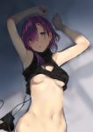 1girl absurdres araido_kagiri armpits arms_up ass bare_arms bare_shoulders black_panties black_sweater blue_eyes blurry blush braid breasts cleavage_cutout groin hair_over_one_eye highres looking_at_viewer lying medium_breasts meme_attire mole navel on_back open_mouth original panties purple_hair short_hair side-tie_panties sleeveless sleeveless_sweater solo stomach sweater turtleneck turtleneck_sweater underboob underwear upper_body virgin_killer_outfit 