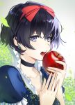  1girl androgynous black_hair blue_eyes blurry_foreground bow choker collarbone earrings eyebrows_visible_through_hair food frilled_sleeves frills fruit hair_bow hieung highres holding holding_food holding_fruit jewelry leaf open_mouth portrait red_apple red_bow short_hair short_sleeves snow_white snow_white_(grimm) solo 
