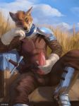  2018 5_fingers animal_genitalia animal_penis anthro armor brown_fur canid canine canine_penis canis chunie clothed clothing cloud detailed_background digital_media_(artwork) edit erection ethiopian_wolf fur gloves hair hi_res holding_penis knot leather leather_armor looking_at_viewer male mammal masturbation melee_weapon multicolored_fur neckerchief orange_eyes penile penile_masturbation penis presenting presenting_penis sitting smile smirk solo sword teeth two_tone_fur weapon white_fur 