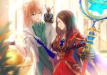  1boy 1girl :d bangs blue_gloves blurry blurry_background blurry_foreground brown_hair brown_shirt closed_eyes commentary_request cup depth_of_field elbow_gloves eyebrows_visible_through_hair fate/grand_order fate_(series) gauntlets gloves green_eyes hair_between_eyes holding holding_cup holding_staff indoors kagachi_saku labcoat leonardo_da_vinci_(fate/grand_order) light_brown_hair long_hair long_sleeves looking_at_another looking_away open_clothes open_mouth parted_bangs pleated_skirt ponytail profile puff_and_slash_sleeves puffy_short_sleeves puffy_sleeves red_skirt romani_archaman shirt short_sleeves signature single_gauntlet skirt smile staff very_long_hair 