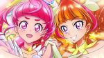  2girls :d absurdres amanogawa_kirara bangs blunt_bangs blush brown_hair choker cure_star cure_twinkle earrings gensou_(mopoepei) gloves go!_princess_precure grin highres holding_hands hoshina_hikaru jewelry long_hair looking_at_viewer magical_girl multicolored_hair multiple_girls open_mouth pink_eyes pink_hair pink_neckwear precure purple_eyes red_hair shiny shiny_hair smile star star_choker star_earrings star_twinkle_precure streaked_hair two-tone_hair upper_body yellow_gloves 