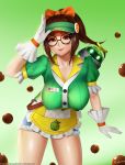  1girl alternate_costume alternate_hairstyle apron artist_name ball black-framed_eyewear bow breasts brown_eyes brown_hair buttons chocolate collarbone cowboy_shot cutoffs denim denim_shorts easonx glasses gloves gradient gradient_background green_background green_shirt hair_bow high_ponytail highres honeydew_mei large_breasts leaning_forward looking_at_viewer medium_hair mei_(overwatch) name_tag orange_bow overwatch puffy_short_sleeves puffy_sleeves round_eyewear salute shirt short_sleeves shorts signature smile solo taut_clothes taut_shirt thighs visor_cap waist_apron watermark web_address white_gloves 