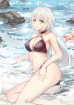  1girl absurdres ahoge bikini black_bikini blush breasts brown_eyes choker fate/grand_order fate_(series) grey_hair highres jeanne_d&#039;arc_(alter_swimsuit_berserker) jeanne_d&#039;arc_(fate)_(all) large_breasts long_hair looking_at_viewer looking_to_the_side lying navel o-ring o-ring_bikini on_side smile solo swimsuit very_long_hair water xiao_bing_qiaokeli 