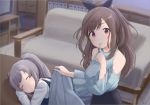  2girls :o absurdres bangs basa_rutan black_ribbon black_skirt blue_dress blue_shirt blurry blurry_background blush breasts brown_hair closed_eyes couch covering_with_blanket depth_of_field dress eyebrows_visible_through_hair finger_to_mouth grey_hair hair_ribbon high_ponytail highres idolmaster idolmaster_shiny_colors indoors long_hair long_sleeves medium_breasts multiple_girls parted_lips ponytail red_eyes ribbon shirt shoulder_cutout shushing signature skirt sleeping sleeveless sleeveless_dress sweat tsukioka_kogane twintails very_long_hair white_shirt wide_sleeves yuukoku_kiriko 