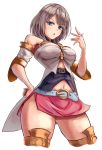  1girl ashelia_b&#039;nargin_dalmasca bangs bare_shoulders belt belt_buckle blue_belt blue_eyes blush breasts buckle eyebrows_visible_through_hair final_fantasy final_fantasy_xii hand_on_hip hand_up legs_apart looking_at_viewer medium_breasts midriff miniskirt moppo navel open_mouth pink_skirt short_hair side_slit silver_hair simple_background skirt solo swept_bangs thighs v-shaped_eyebrows white_background 