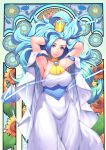  1girl armlet armpits arms_behind_head arms_up art_nouveau blue_eyes blue_hair breasts choker closed_mouth cowboy_shot crown dress flower harihisa highres large_breasts long_hair looking_at_viewer precure princess_leo_(precure) smile solo star_princess star_twinkle_precure sunflower white_dress yellow_neckwear 