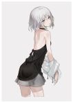  1girl backless_dress backless_outfit bare_shoulders black_dress cowboy_shot drawstring dress from_behind grey_background grey_eyes grey_hair hair_between_eyes halterneck highres kakuchou_shoujo-kei_trinary looking_at_viewer looking_back neco pale_skin parted_lips short_hair simple_background sketch solo standing sumeragi_chiharu undressing 
