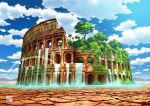  arch architecture bird blue_sky circle_name cloud colosseum column dry_earth greco-roman_architecture highres ivy mountainous_horizon no_humans original overgrown palm_tree pillar post-apocalypse rainbow ruins scenery sky tokyogenso tree water waterfall 