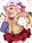  1girl ;d alternate_costume arm_up bag blonde_hair blush bow bowtie breasts brown_cardigan cardigan cellphone contrapposto cowboy_shot eyebrows_visible_through_hair fang flandre_scarlet hair_between_eyes hat hat_ribbon head_tilt holding holding_phone looking_at_viewer mob_cap one_eye_closed open_mouth outstretched_arm phone plaid plaid_skirt red_eyes red_neckwear ribbon sailor_collar school_bag school_uniform short_hair side_ponytail skirt sleeves_past_wrists small_breasts smartphone smile solo star starry_background touhou unory white_background white_headwear white_sailor_collar wings 