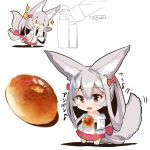  1girl :d animal_ear_fluff animal_ears bangs bare_shoulders blush bread commentary_request eyebrows_visible_through_hair food fox_ears fox_girl fox_tail hair_between_eyes holding holding_food holding_money long_hair long_sleeves money multiple_views off-shoulder_shirt off_shoulder open_mouth original patches pleated_skirt red_eyes red_skirt shirt silver_hair skirt smile sparkle tail translation_request very_long_hair white_background white_shirt wide_sleeves yuuji_(yukimimi) |_| 