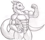  dragon dragon-heart flexing hi_res horn internal_genitals looking_at_viewer male muscular 